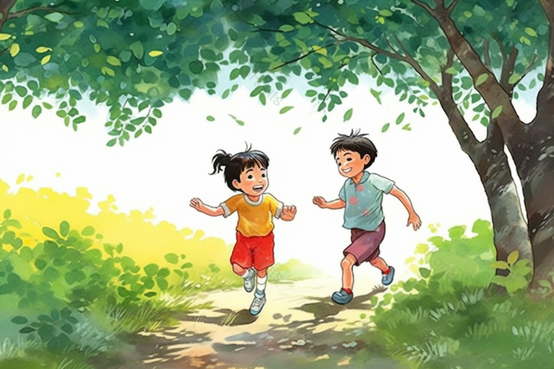 田园小路上嬉戏的男女孩儿童,插画/手绘图,插画/手绘图库,插画/手绘图下载,插画/手绘